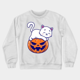 Cute Cat Laying On Pumpkin Halloween Cartoon Crewneck Sweatshirt